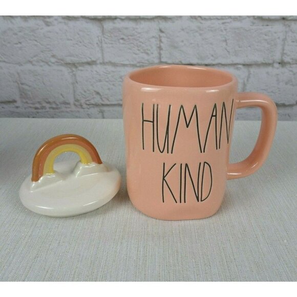 New RAE DUNN Rainbow 🌈 Figural Coffee Mug Human Kind Blush Pink With Lid Decor - Picture 6 of 12